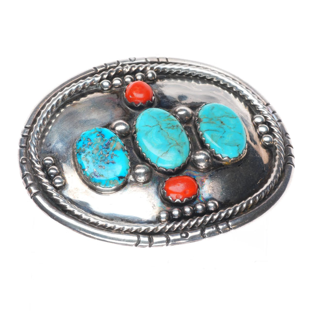 Vintage Navajo sterling silver, turquoise, coral belt buckle southwestern