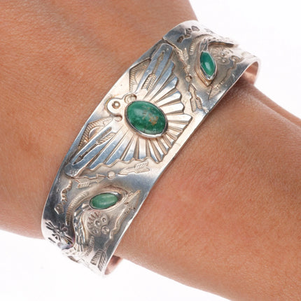 6.75" 1930 Fred Harvey Snake turquoise eyes Navajo sterling silver cuff bracelet