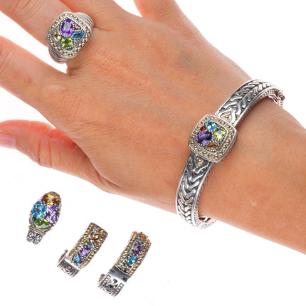 sz7 Effy Sterling Silver/18K Gold Multi Gemstone Bangle, Ring, earrings, pendant