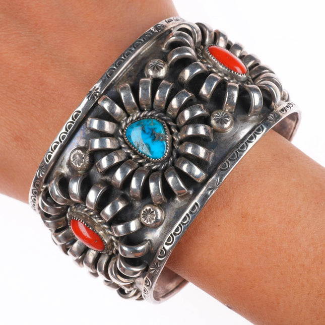 7.25" Vintage Navajo sterling silver, turquoise/coral modernist cuff bracelet