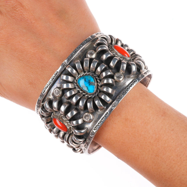 7.25" Vintage Navajo sterling silver, turquoise/coral modernist cuff bracelet