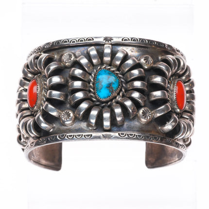 7.25" Vintage Navajo sterling silver, turquoise/coral modernist cuff bracelet