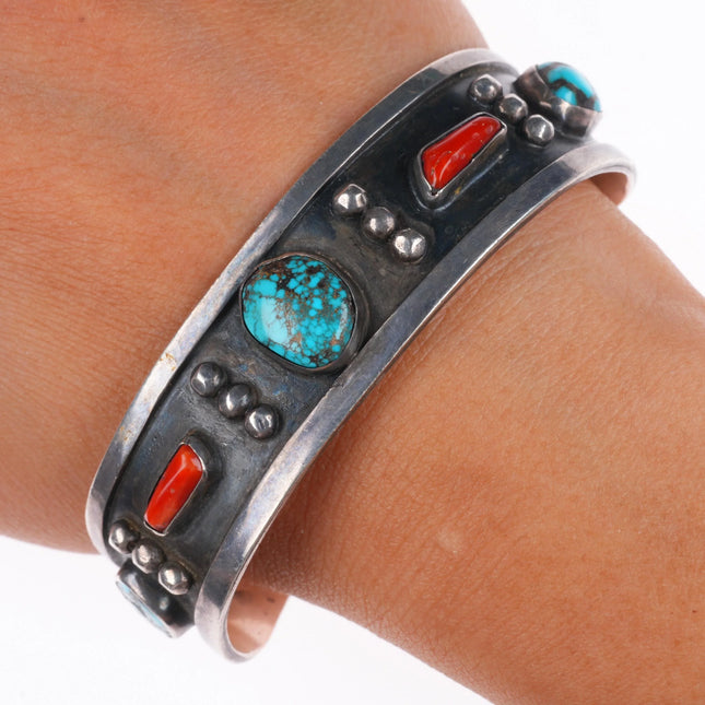 7" Vintage Navajo sterling silver, turquoise, coral modernist cuff bracelet