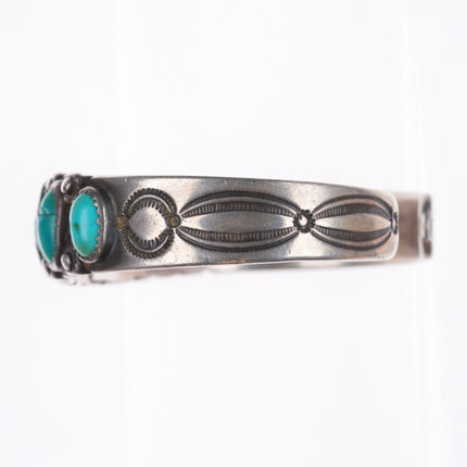 6.2" 20's-30's Navajo turquoise row cuff bracelet sterling silver stamped sides