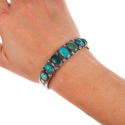 6.2" 20's-30's Navajo turquoise row cuff bracelet sterling silver stamped sides