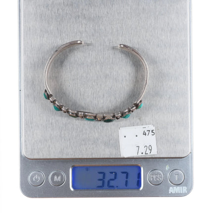 6.2" 20's-30's Navajo turquoise row cuff bracelet sterling silver stamped sides