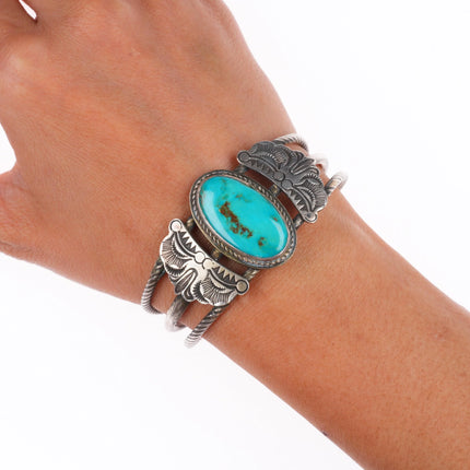 6.25" c1930's Navajo sterling silver triple shank cuff bracelet - nice turquoise