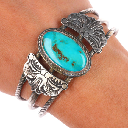 6.25" c1930's Navajo sterling silver triple shank cuff bracelet - nice turquoise