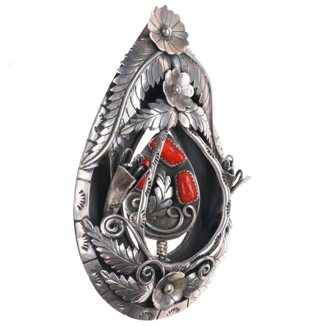 Huge c1970 Jerry Roan reversible spinner coral/turquoise sterling silver pendant