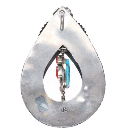 Huge c1970 Jerry Roan reversible spinner coral/turquoise sterling silver pendant