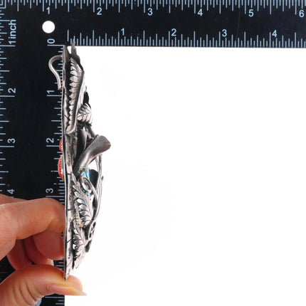 Huge c1970 Jerry Roan reversible spinner coral/turquoise sterling silver pendant