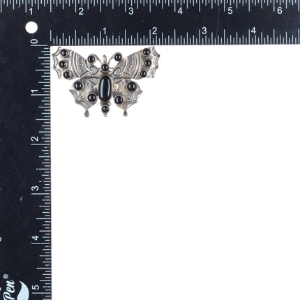 David Reeves Navajo heavily stamped sterling silver onyx butterfly pin/brooch