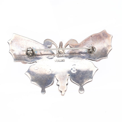 David Reeves Navajo heavily stamped sterling silver onyx butterfly pin/brooch