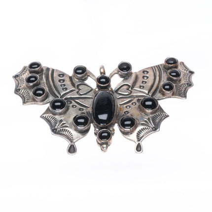 David Reeves Navajo heavily stamped sterling silver onyx butterfly pin/brooch