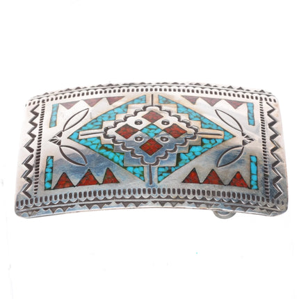 Vintage Wilson & Carolyn Begay Navajo sterling silver chip inlay belt buckle