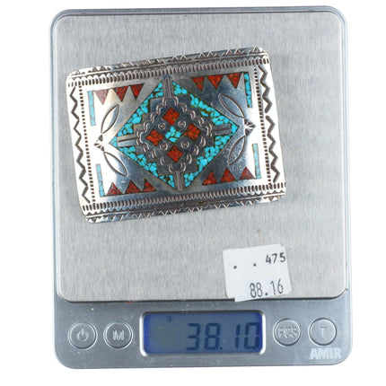 Vintage Wilson & Carolyn Begay Navajo sterling silver chip inlay belt buckle