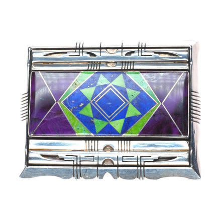 Jerry T Nelson Navajo sterling silver, Sugilite Gaspeite Lapis inlay belt buckle