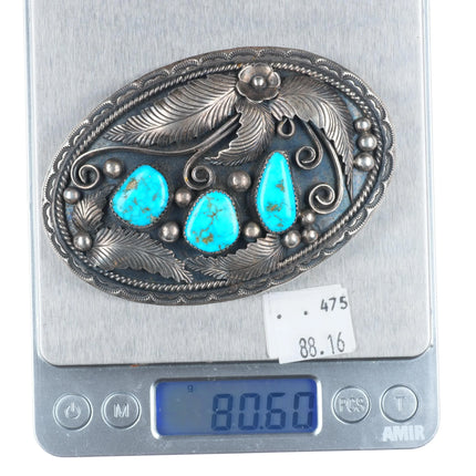 Vintage Phil Chapo Navajo sterling silver 3 stone turquoise belt buckle