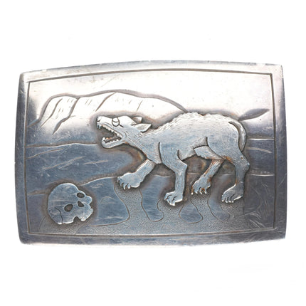 Vintage southwestern sterling silver wolf/skull/desert handmade belt buckle