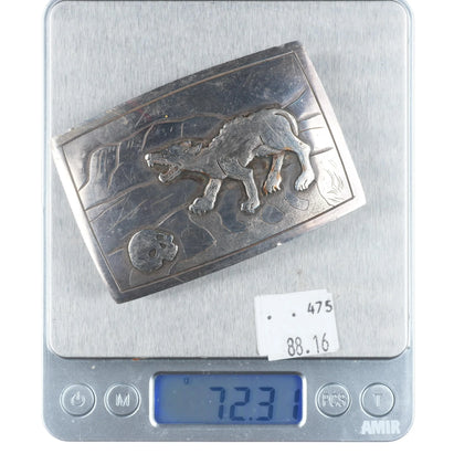 Vintage southwestern sterling silver wolf/skull/desert handmade belt buckle