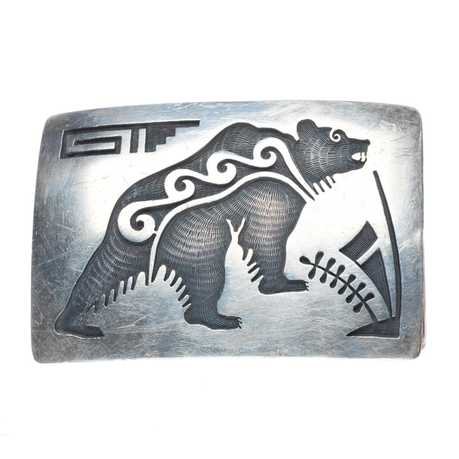 vintage Michael Sockyma Hopi overlay bear belt buckle sterling silver