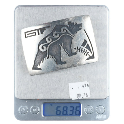 vintage Michael Sockyma Hopi overlay bear belt buckle sterling silver