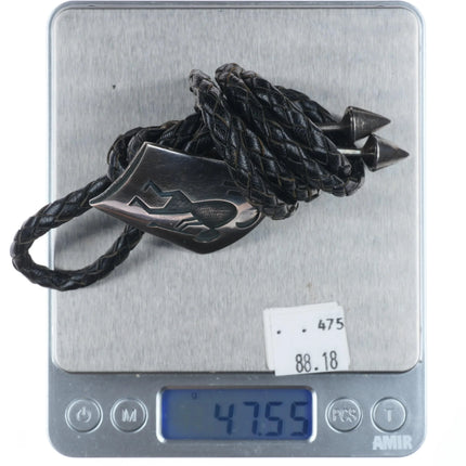 Vintage Hopicrafts Hopi overlay bolo tie sterling silver Kokopelli flute player