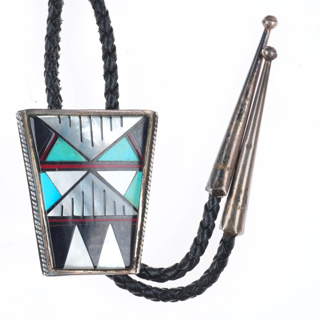 Vintage Zuni sterling silver intarsia inlay bolo tie turquoise/coral/jet/shell