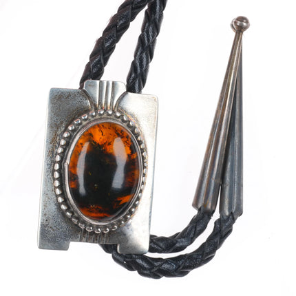 Vintage Native American sterling silver/Amber J.A.W. southwestern bolo tie