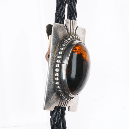 Vintage Native American sterling silver/Amber J.A.W. southwestern bolo tie