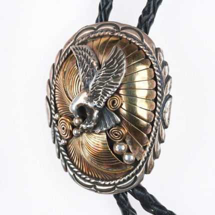 Vintage Tom David Navajo sterling silver gold filled eagle bolo tie