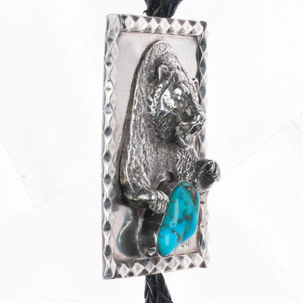 Vintage southwestern sterling silver bear bolo tie with turquoise