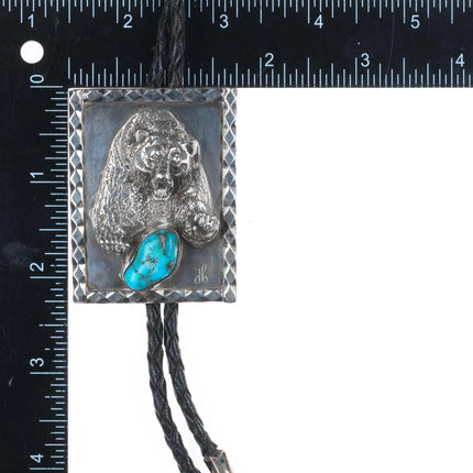 Vintage southwestern sterling silver bear bolo tie with turquoise