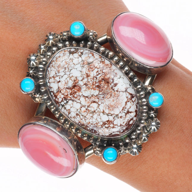 6.5" Wild Horse Jasper, turquoise, pink conch Sterling silver cuff bracelet Jenn