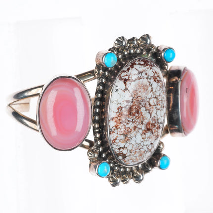6.5" Wild Horse Jasper, turquoise, pink conch Sterling silver cuff bracelet Jenn