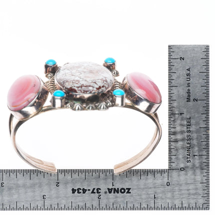 6.5" Wild Horse Jasper, turquoise, pink conch Sterling silver cuff bracelet Jenn