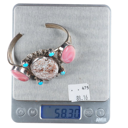 6.5" Wild Horse Jasper, turquoise, pink conch Sterling silver cuff bracelet Jenn
