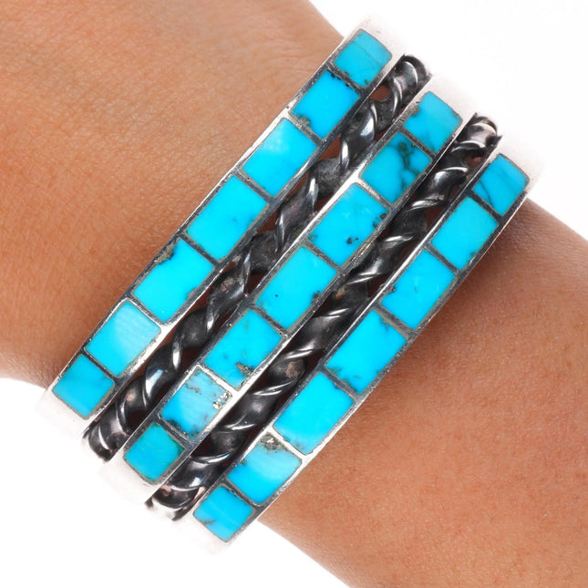 6.25" Vintage Zuni sterling silver 3 row channel inlay turquoise cuff bracelet