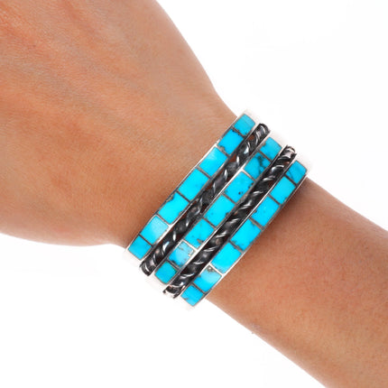6.25" Vintage Zuni sterling silver 3 row channel inlay turquoise cuff bracelet