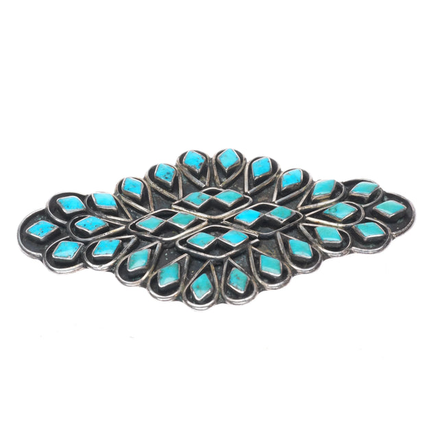 c1950's Large Zuni sterling silver turquoise channel inlay pin/brooch