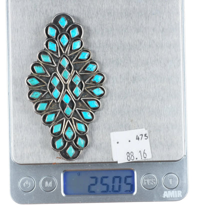 c1950's Large Zuni sterling silver turquoise channel inlay pin/brooch