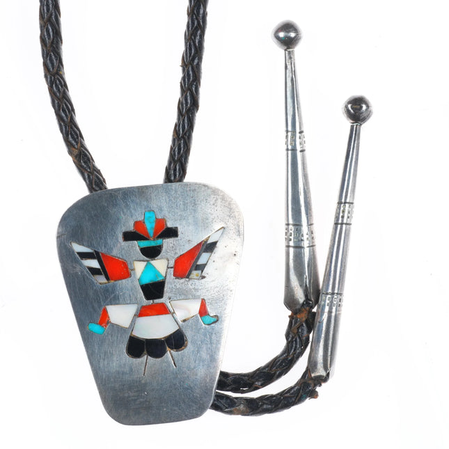 Vintage c1960 c-31 JWB Zuni intarsia inlay knifewing bolo tie sterling silver