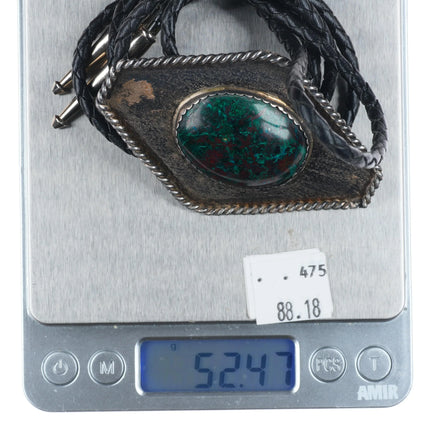 large Vintage Southwestern sterling silver chrysocolla bolo tie rope edge