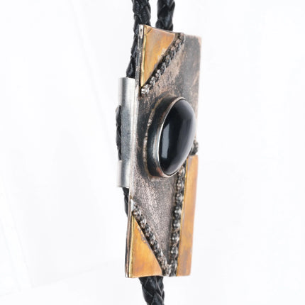 Vintage southwestern modernist sterling silver/brass mixed metals onyx bolo tie