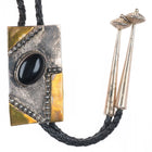 Vintage southwestern modernist sterling silver/brass mixed metals onyx bolo tie