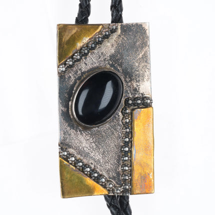 Vintage southwestern modernist sterling silver/brass mixed metals onyx bolo tie