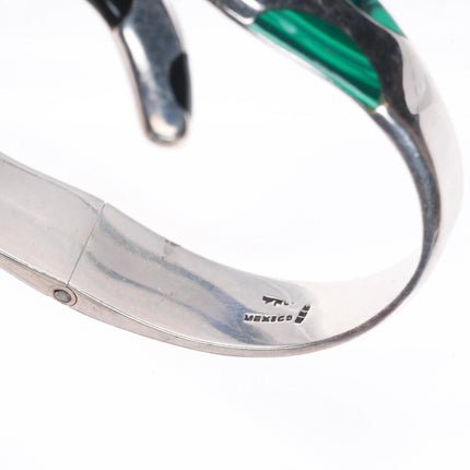 7.25" Retro Mexican sterling silver snake clamper bangle bracelet malachite/onyx