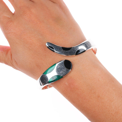 7.25" Retro Mexican sterling silver snake clamper bangle bracelet malachite/onyx