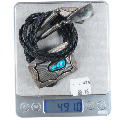 Ray King Navajo vintage sterling silver bolo tie/fancy tips, nice turquoise