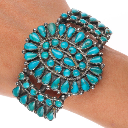 6.5" 50's-60's Zuni Blue Gem turquoise cluster cuff bracelet sterling silver